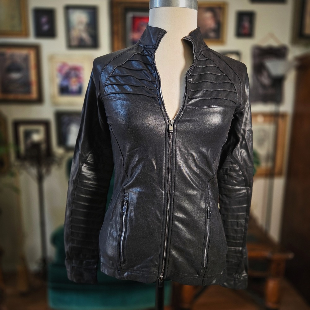 Spanx Moto Jacket Black Faux Leather Biker Quilted Coated Zip Front Slim Fit S/P